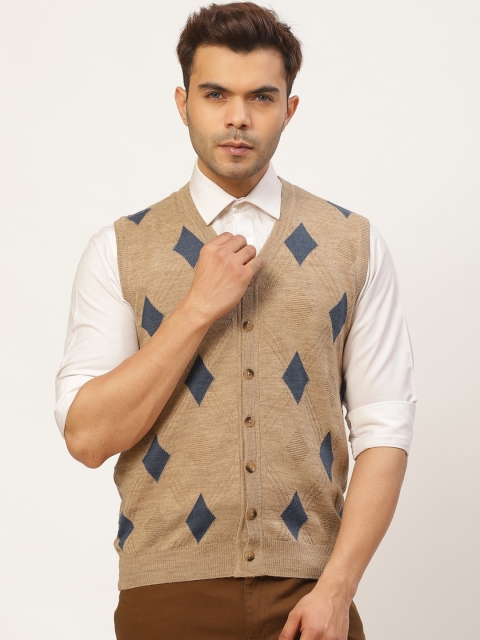 

Pierre Carlo Men Beige & Navy Blue Self Design Cardigan