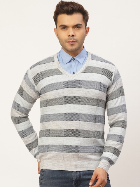 

Pierre Carlo Men Grey Melange & Black Self-Checked Pullover Sweater
