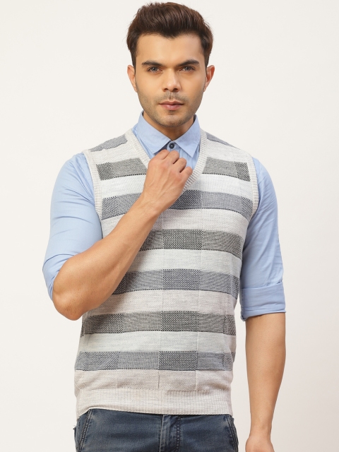 

Pierre Carlo Men Grey Melange & Black Self-Checked Sweater Vest