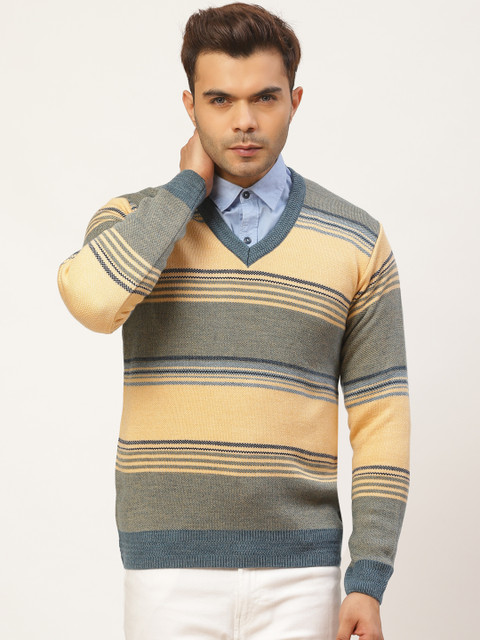 

Pierre Carlo Men Grey & Yellow Striped Pullover