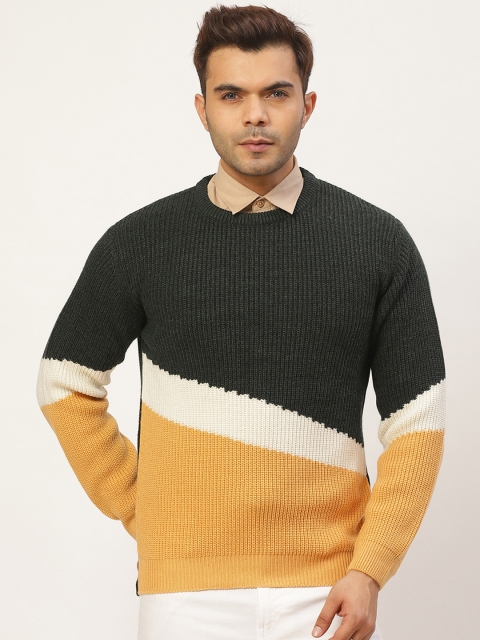 

Pierre Carlo Men Olive Green & Mustard Yellow Ribbed Colourblocked Pullover Sweater