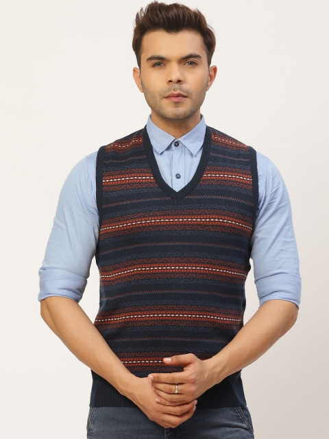 

Pierre Carlo Men Navy Blue & Orange Fair Isle Sweater Vest
