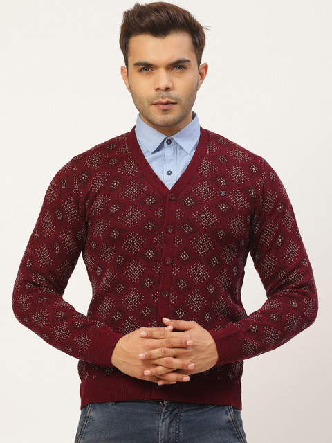 

Pierre Carlo Men Maroon & Beige Self Design Cardigan Sweater