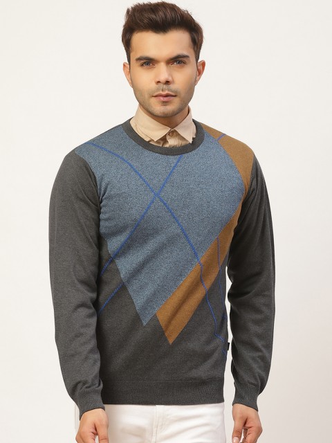 

Pierre Carlo Men Charcoal Grey & Blue Embroidered Detail Printed Pullover Sweater