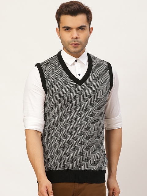 

Pierre Carlo Men Black & Off-White Self-Striped Sweater Vest