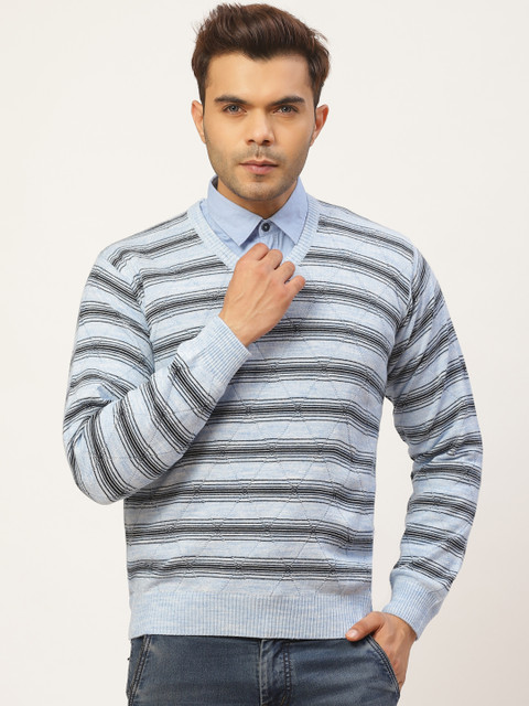 

Pierre Carlo Men Blue & Black Striped Pullover Sweater