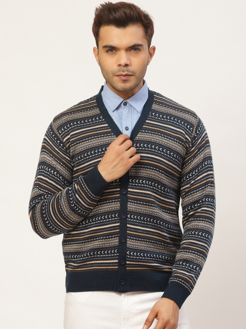 

Pierre Carlo Men Navy Blue & Off-White Fair Isle Cardigan Sweater