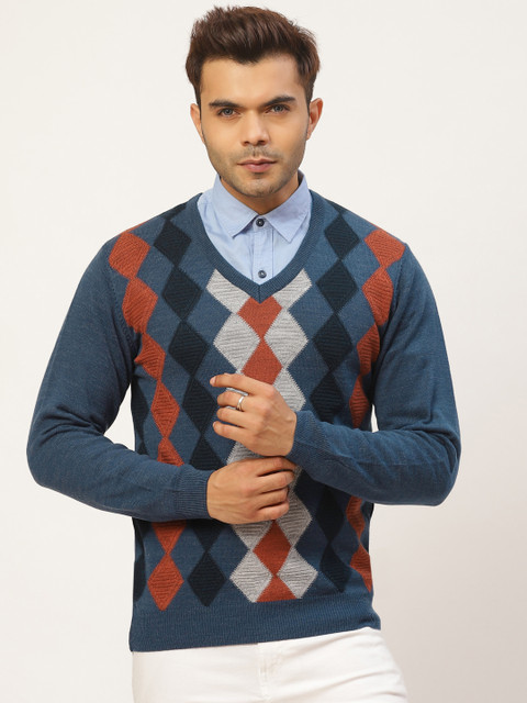 

Pierre Carlo Men Navy Blue & Black Argyle Pullover Sweater