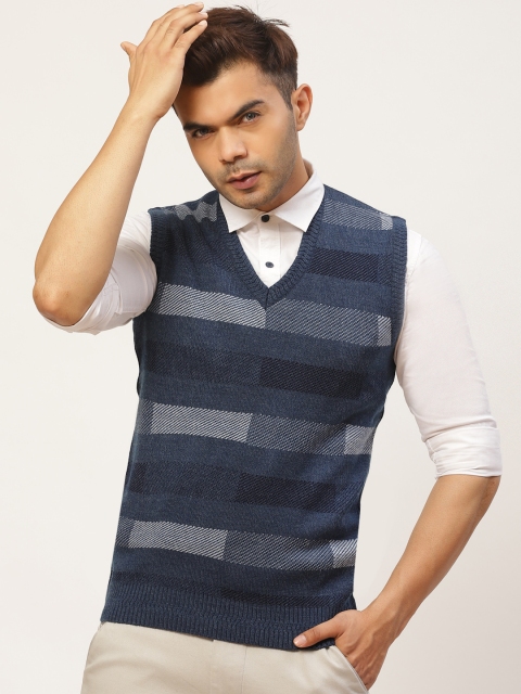 

Pierre Carlo Men Navy Blue & White Self-Striped Sweater Vest