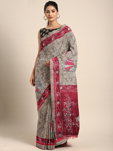 

aamna Beige & Red Cotton Blend Printed Tussar Saree