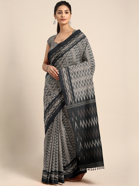 

aamna Grey & Black Cotton Blend Printed Tussar Saree
