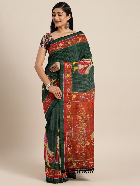 

aamna Green & Rust Red Cotton Blend Printed Tussar Saree