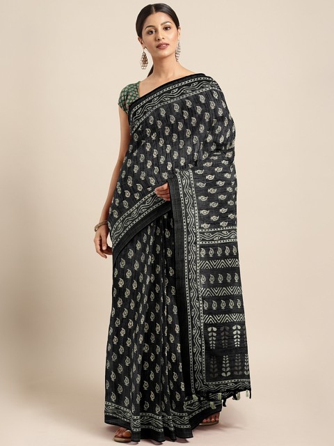 

aamna Black & Grey Silk Cotton Printed Bagru Saree