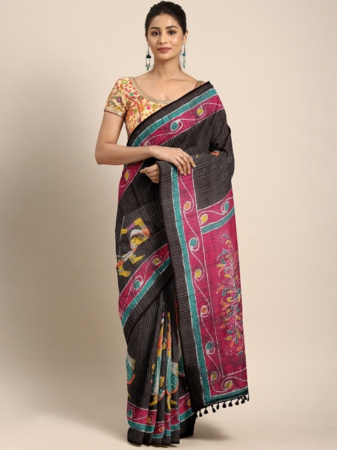 

aamna Black & Pink Cotton Blend Printed Tussar Saree