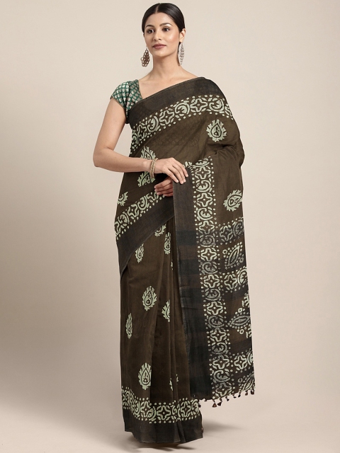 

aamna Brown & Off-White Silk Cotton Printed Chanderi Saree