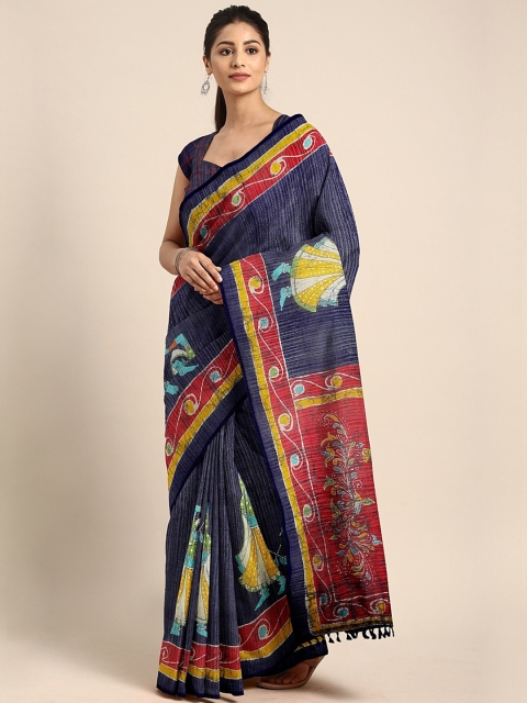 

aamna Navy Blue & Red Cotton Blend Printed Tussar Saree