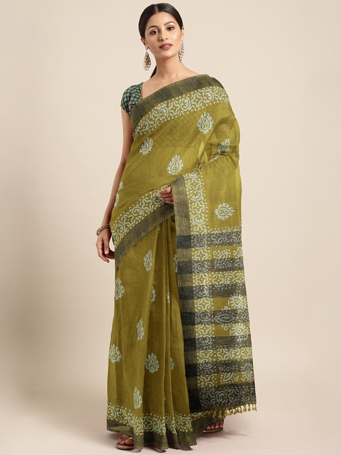 

aamna Olive Green & Off-White Silk Cotton Printed Chanderi Saree