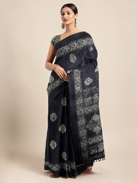 

aamna Navy Blue & Off-White Silk Cotton Printed Chanderi Saree