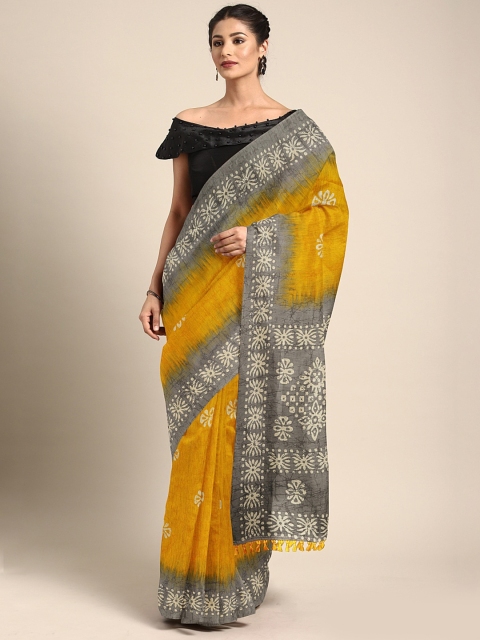 

aamna Yellow & Grey Silk Cotton Printed Chanderi Saree