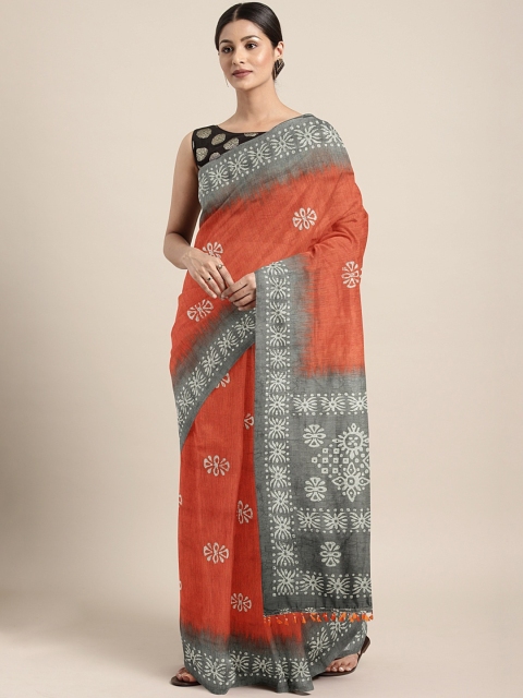 

aamna Rust Orange & Grey Silk Cotton Printed Chanderi Saree