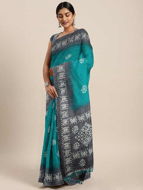 

aamna Sea Green & Grey Silk Cotton Printed Chanderi Saree