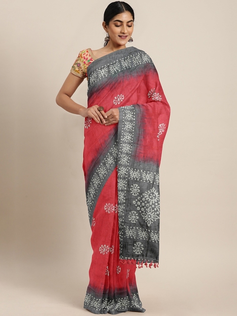 

aamna Pink & Off-White Silk Cotton Printed Chanderi Saree