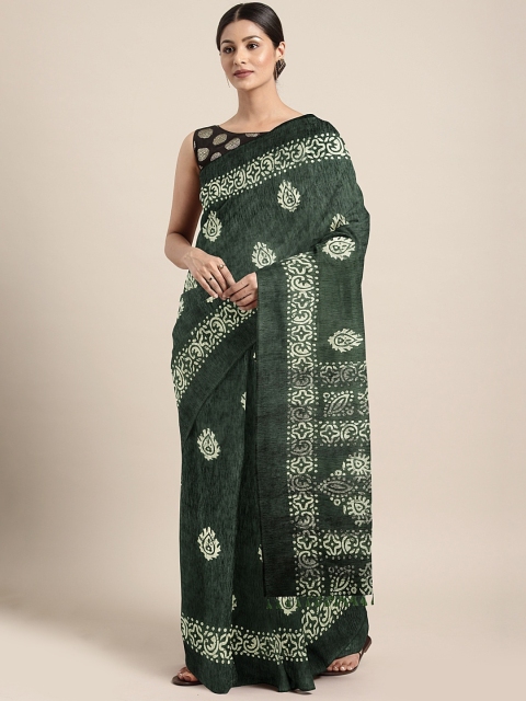 

aamna Green & White Silk Cotton Printed Chanderi Saree