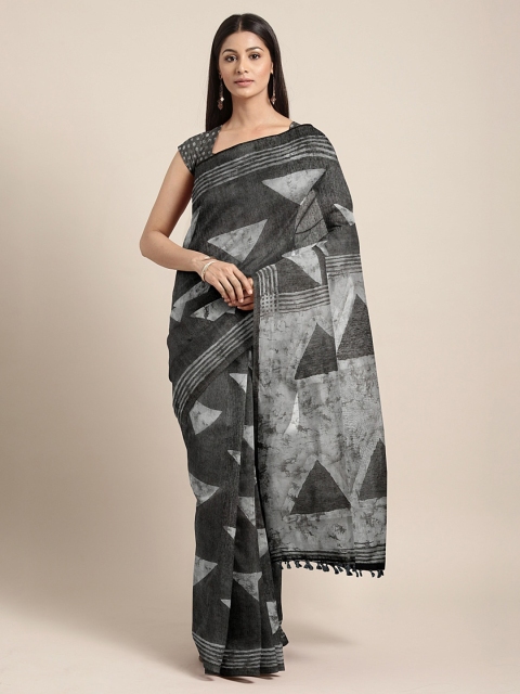 

aamna Grey & Black Silk Cotton Printed Chanderi Saree