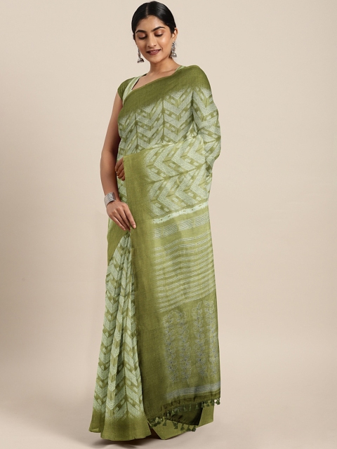 

aamna Olive Green & Off-White Silk Cotton Printed Chanderi Saree