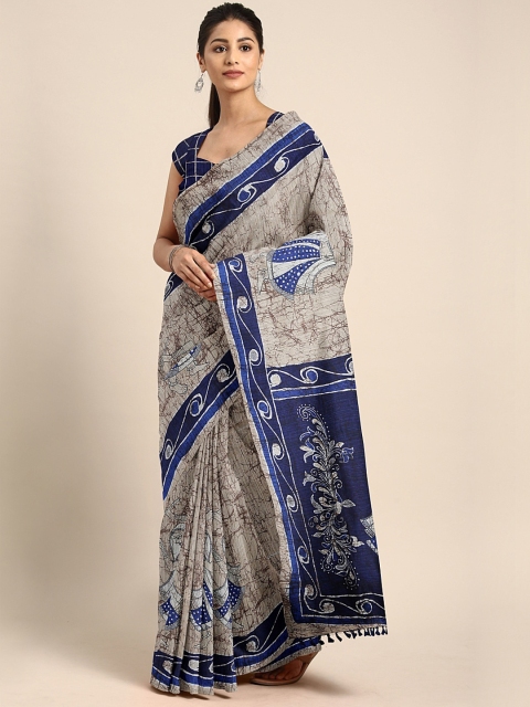 

aamna Beige & Navy Blue Cotton Blend Printed Tussar Saree
