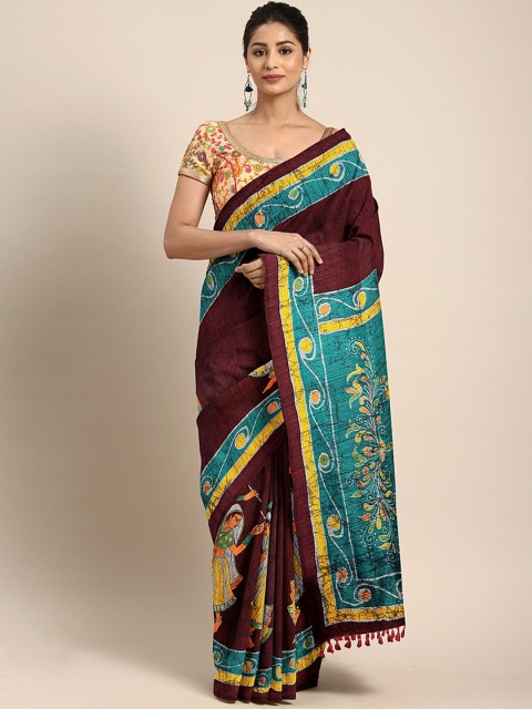 

aamna Burgundy & Blue Cotton Blend Printed Tussar Saree