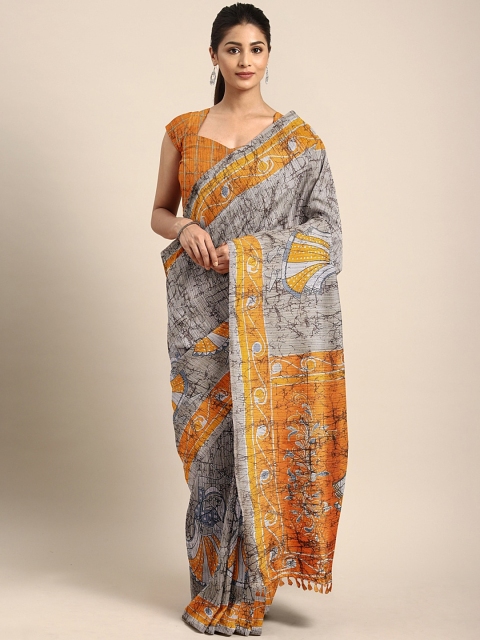 

aamna Grey & Mustard Yellow Cotton Blend Printed Tussar Saree