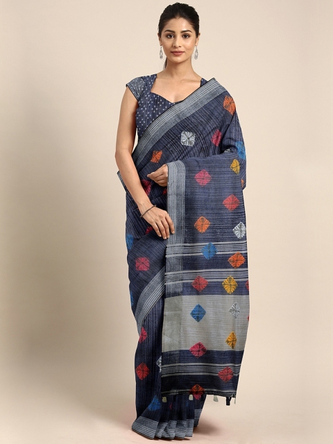 

aamna Navy Blue & Pink Cotton Blend Printed Bhagalpuri Saree