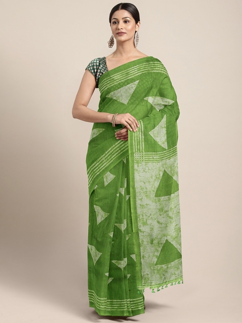 

aamna Green & Off-White Silk Cotton Printed Chanderi Saree