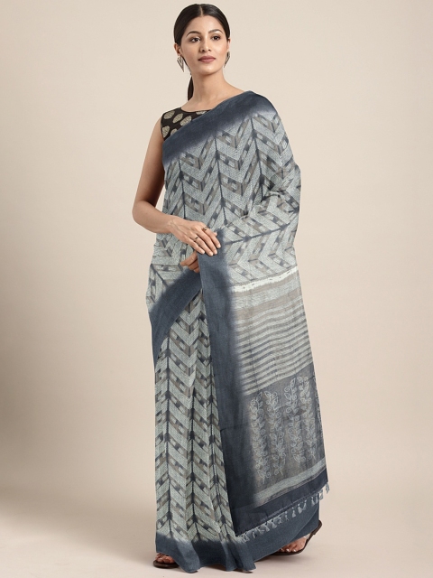 

aamna Charcoal Grey & Off-White Silk Cotton Printed Chanderi Saree