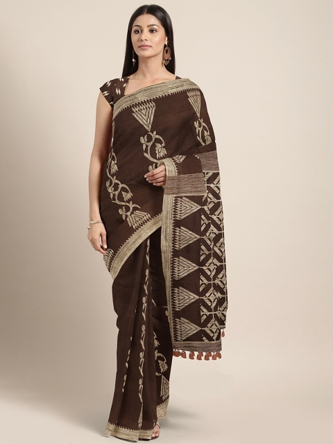 

aamna Brown & White Silk Cotton Printed Chanderi Saree