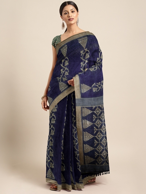 

aamna Navy Blue & Beige Silk Cotton Printed Chanderi Saree