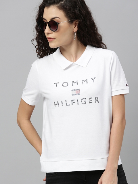 

Tommy Hilfiger Women White Embellished Polo Collar T-shirt