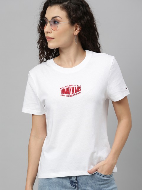 

Tommy Hilfiger Women White Brand Logo Printed Round Neck T-shirt