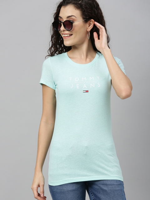 

Tommy Hilfiger Women Turquoise Blue Slim Fit Brand Logo Printed Round Neck T-shirt