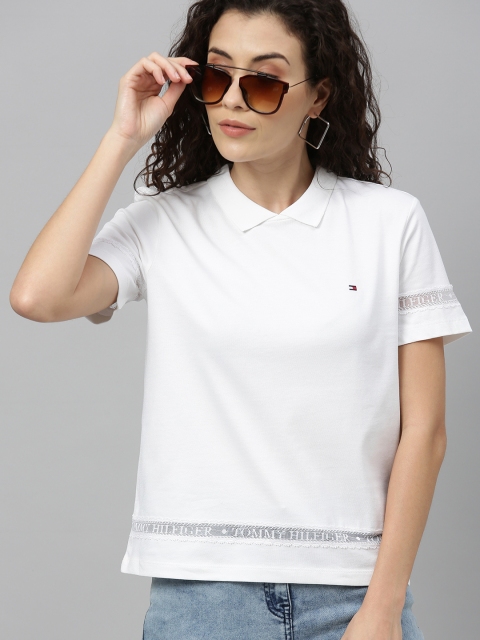 

Tommy Hilfiger Women White Relaxed Fit Solid Polo Collar T-shirt with Lace Detailing