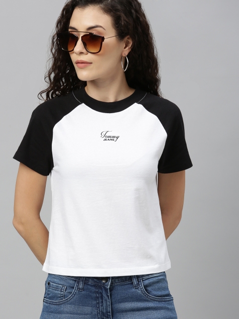 

Tommy Hilfiger Women White Solid Round Neck T-shirt with Printed Detail