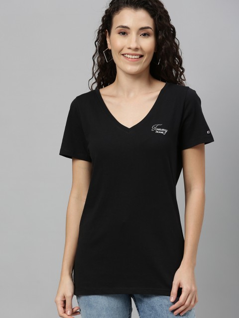 

Tommy Hilfiger Women Black Solid V-Neck T-shirt