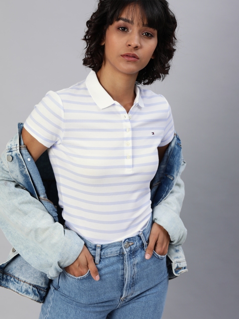 

Tommy Hilfiger Women White & Lavender Striped Slim Fit Polo Collar T-shirt