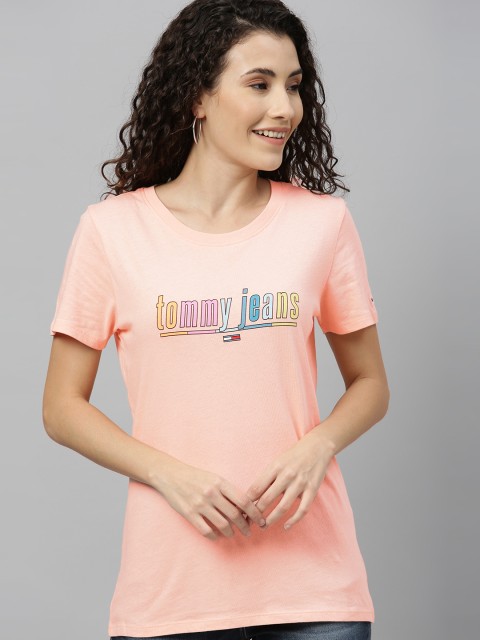 

Tommy Hilfiger Women Peach-Coloured Brand Logo Printed Round Neck Pure Cotton T-shirt