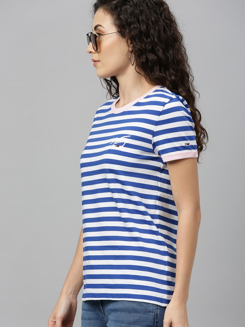 

Tommy Hilfiger Women White & Blue Striped Round Neck Organic Cotton T-shirt