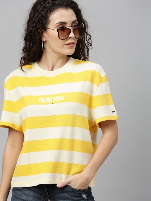 

Tommy Hilfiger Women Yellow Off White Striped Round Neck Pure Cotton T-shirt