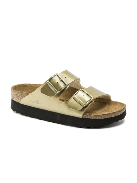 

Birkenstock Women Gold-Toned Solid Arizona Platform Narrow Width Flats