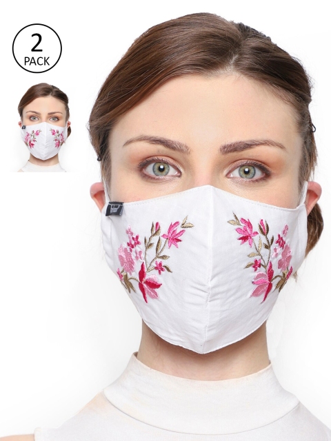 

Anekaant Women Pack Of 2 White Printed 3-Ply Reusable Floral Embroidered Cloth Mask