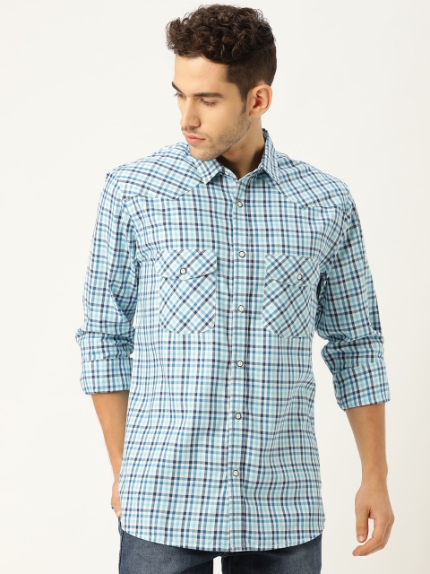 

STROP Men White & Blue Regular Fit Checked Casual Shirt